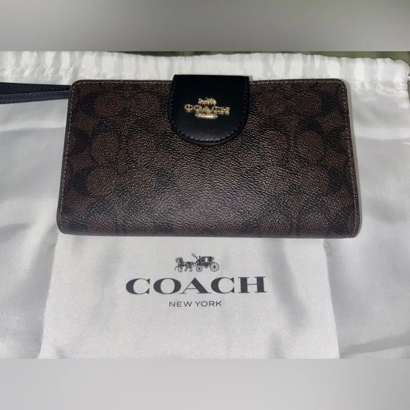 NWT Coach Phone Wallet In Signature Canvas Walnut - Picture 7 of 8